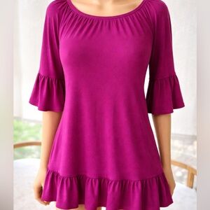 Magenta Boho Tunic Top Ruffle Hem Bell Sleeve Medium A.N.A